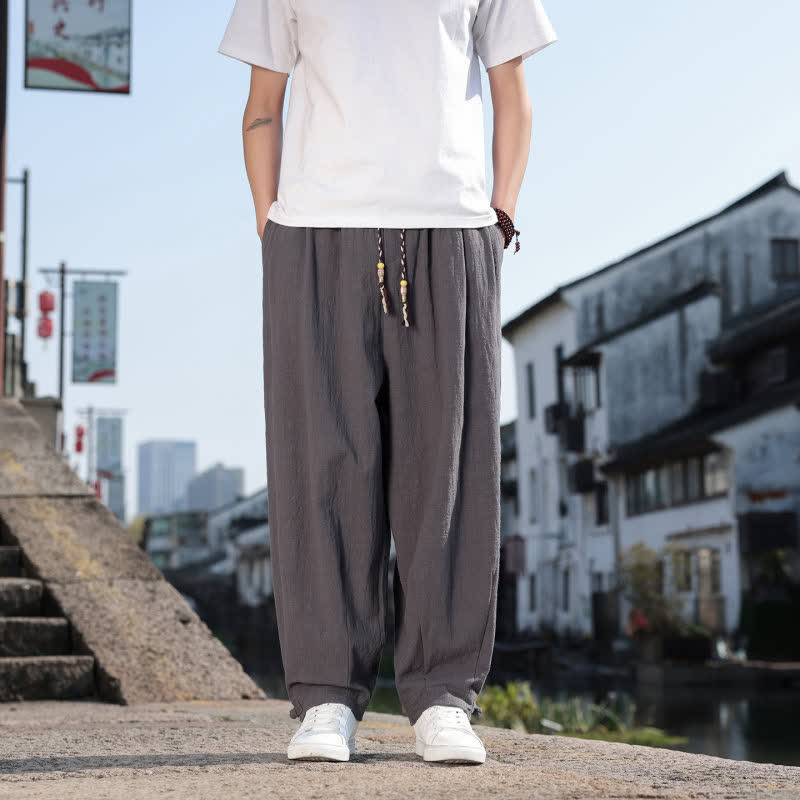 Buddha Stones Pantalones largos casuales retro de color liso para hombre, estilo primavera-otoño, con pierna recta y bolsillos. - Gris oscuro - US/UK/AU46, EU56 (5XL) - image 0
