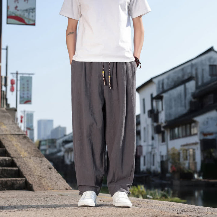 Buddha Stones Pantalones largos casuales retro de color liso para hombre, estilo primavera-otoño, con pierna recta y bolsillos. - Gris oscuro - US/UK/AU46, EU56 (5XL) - image 0
