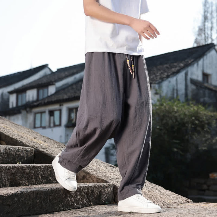 Buddha Stones Pantalones largos casuales retro de color liso para hombre, estilo primavera-otoño, con pierna recta y bolsillos. - image 3