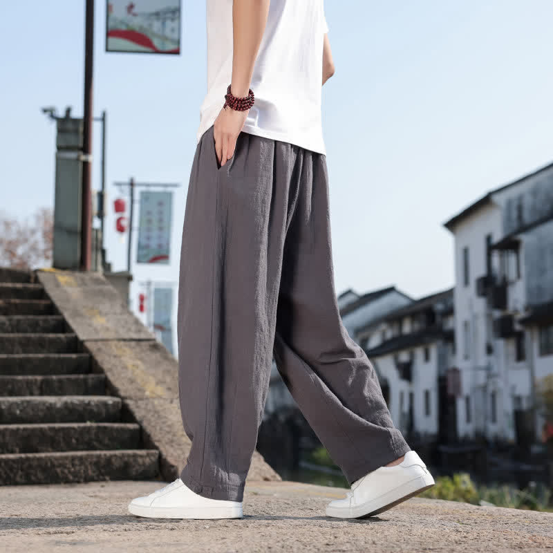 Buddha Stones Pantalones largos casuales retro de color liso para hombre, estilo primavera-otoño, con pierna recta y bolsillos. - image 6