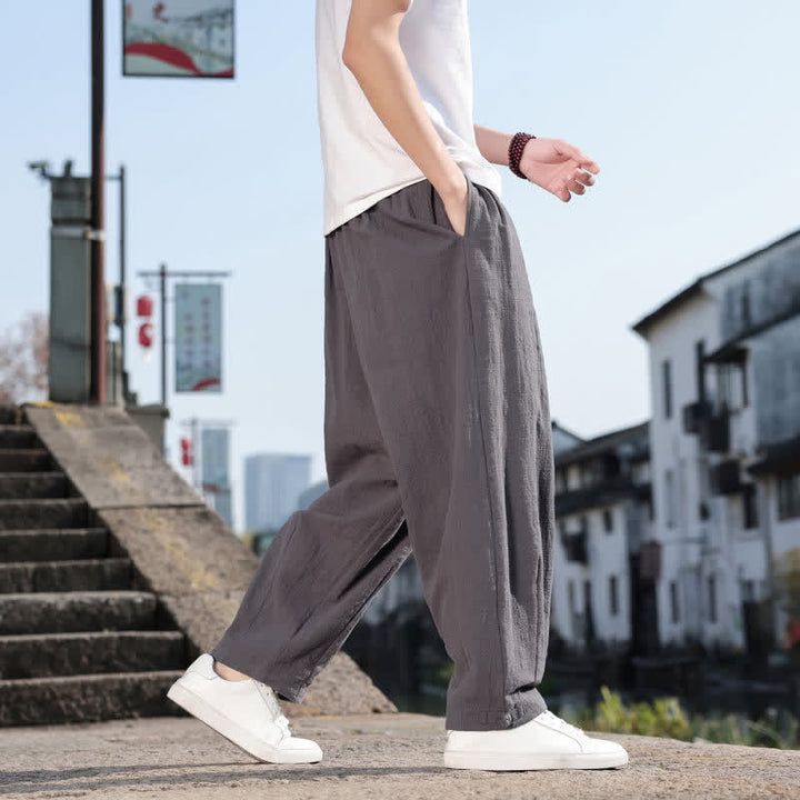 Buddha Stones Pantalones largos casuales retro de color liso para hombre, estilo primavera-otoño, con pierna recta y bolsillos. - image 5