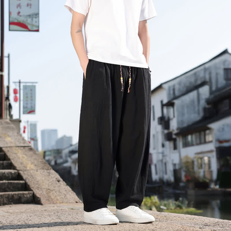 Buddha Stones Pantalones largos casuales retro de color liso para hombre, estilo primavera-otoño, con pierna recta y bolsillos. - image 12