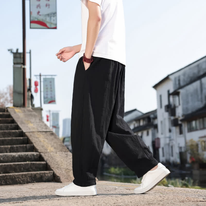 Buddha Stones Pantalones largos casuales retro de color liso para hombre, estilo primavera-otoño, con pierna recta y bolsillos. - image 17