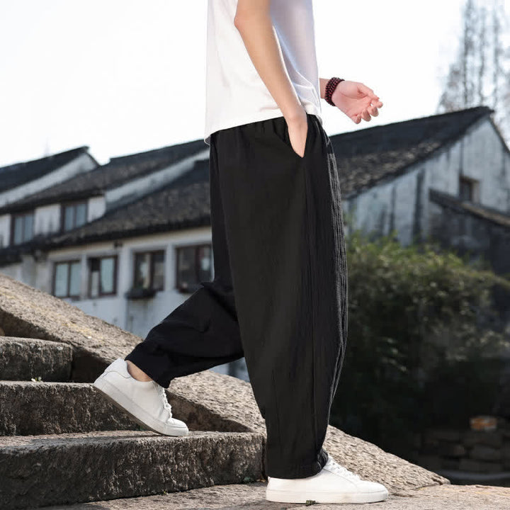 Buddha Stones Pantalones largos casuales retro de color liso para hombre, estilo primavera-otoño, con pierna recta y bolsillos. - image 14