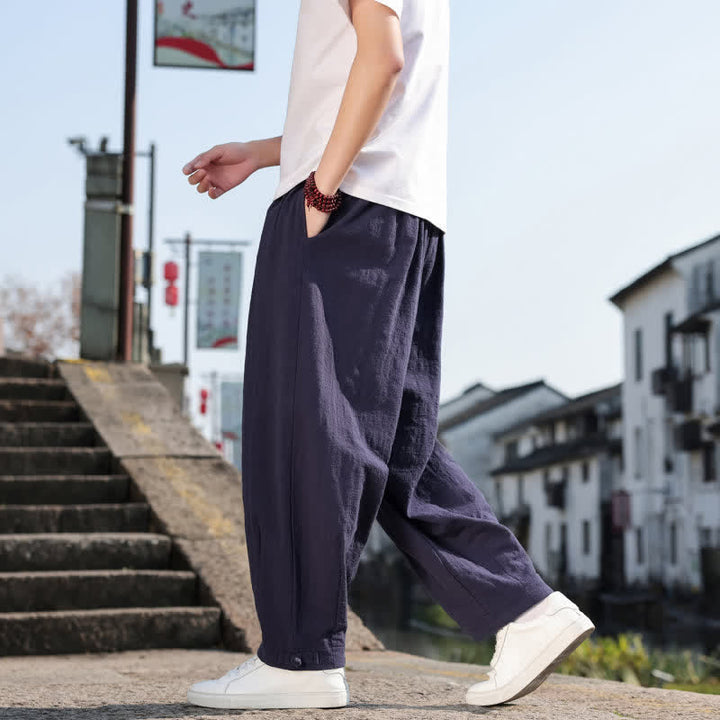 Buddha Stones Pantalones largos casuales retro de color liso para hombre, estilo primavera-otoño, con pierna recta y bolsillos. - image 25