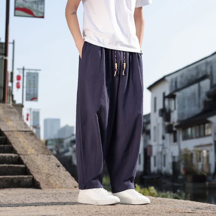 Buddha Stones Pantalones largos casuales retro de color liso para hombre, estilo primavera-otoño, con pierna recta y bolsillos. - image 20