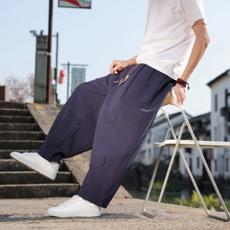 Buddha Stones Pantalones largos casuales retro de color liso para hombre, estilo primavera-otoño, con pierna recta y bolsillos. - image 26