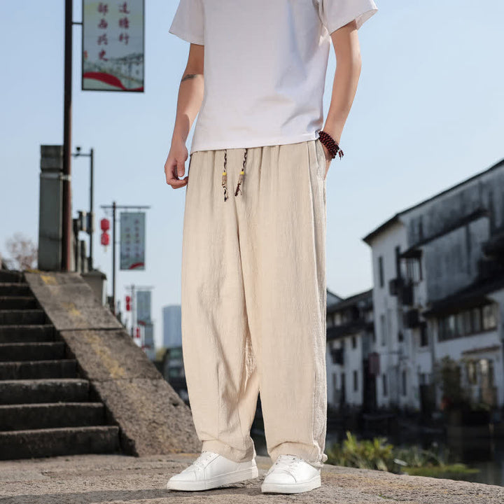 Buddha Stones Pantalones largos casuales retro de color liso para hombre, estilo primavera-otoño, con pierna recta y bolsillos. - image 29