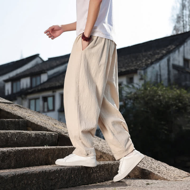 Buddha Stones Pantalones largos casuales retro de color liso para hombre, estilo primavera-otoño, con pierna recta y bolsillos. - image 32