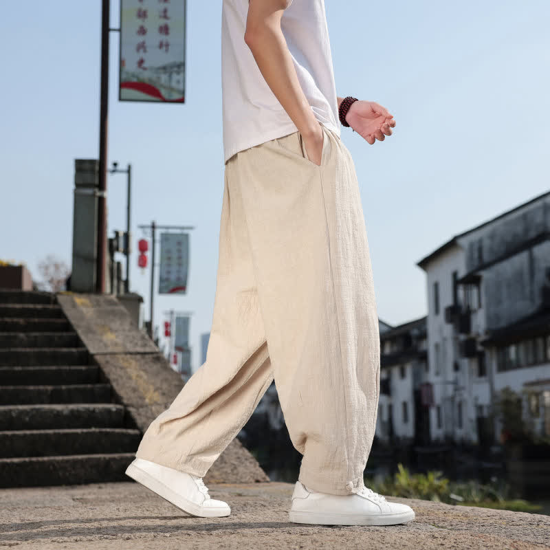 Buddha Stones Pantalones largos casuales retro de color liso para hombre, estilo primavera-otoño, con pierna recta y bolsillos. - image 30