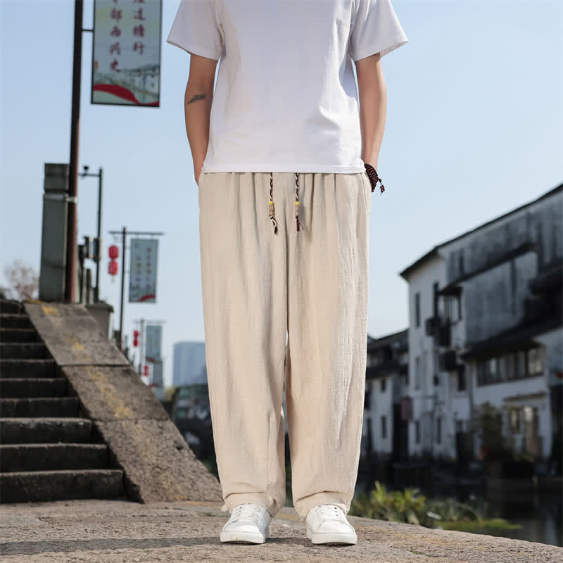 Buddha Stones Pantalones largos casuales retro de color liso para hombre, estilo primavera-otoño, con pierna recta y bolsillos. - Beige - US/UK/AU46, EU56 (5XL) - image 27