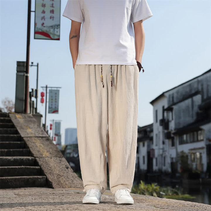 Buddha Stones Pantalones largos casuales retro de color liso para hombre, estilo primavera-otoño, con pierna recta y bolsillos. - Beige - US/UK/AU46, EU56 (5XL) - image 27