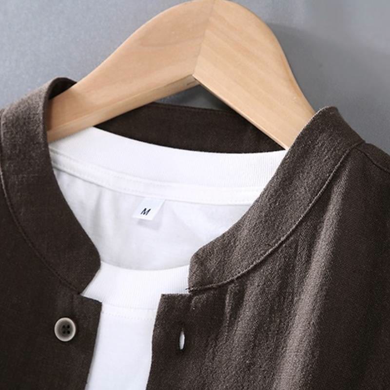 Buddha Stones Camisa de manga larga de ramio liso con botones, estilo Tang, para primavera y otoño, minimalista, con bolsillos. - image 1