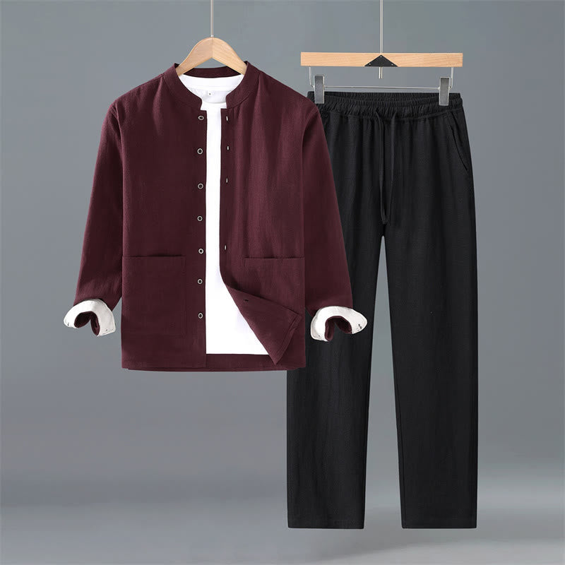 Buddha Stones Camisa de manga larga de ramio liso con botones, estilo Tang, para primavera y otoño, minimalista, con bolsillos. - Camisa granate y pantalones negros - US/UK/AU42, EU52 (3XL) - image 11