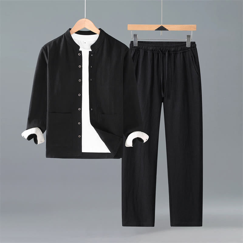 Buddha Stones Camisa de manga larga de ramio liso con botones, estilo Tang, para primavera y otoño, minimalista, con bolsillos. - Camisa negra y pantalones - US/UK/AU42, EU52 (3XL) - image 9