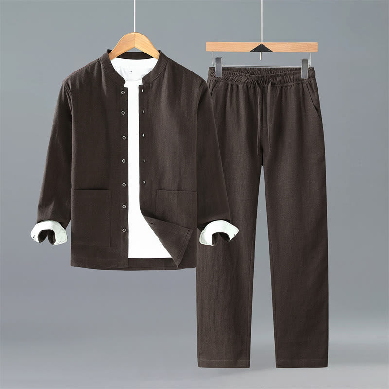 Buddha Stones Camisa de manga larga de ramio liso con botones, estilo Tang, para primavera y otoño, minimalista, con bolsillos. - Pantalones de camisa marrón silla de montar - US/UK/AU42, EU52 (3XL) - image 0
