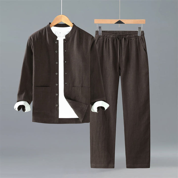 Buddha Stones Camisa de manga larga de ramio liso con botones, estilo Tang, para primavera y otoño, minimalista, con bolsillos. - Pantalones de camisa marrón silla de montar - US/UK/AU42, EU52 (3XL) - image 0