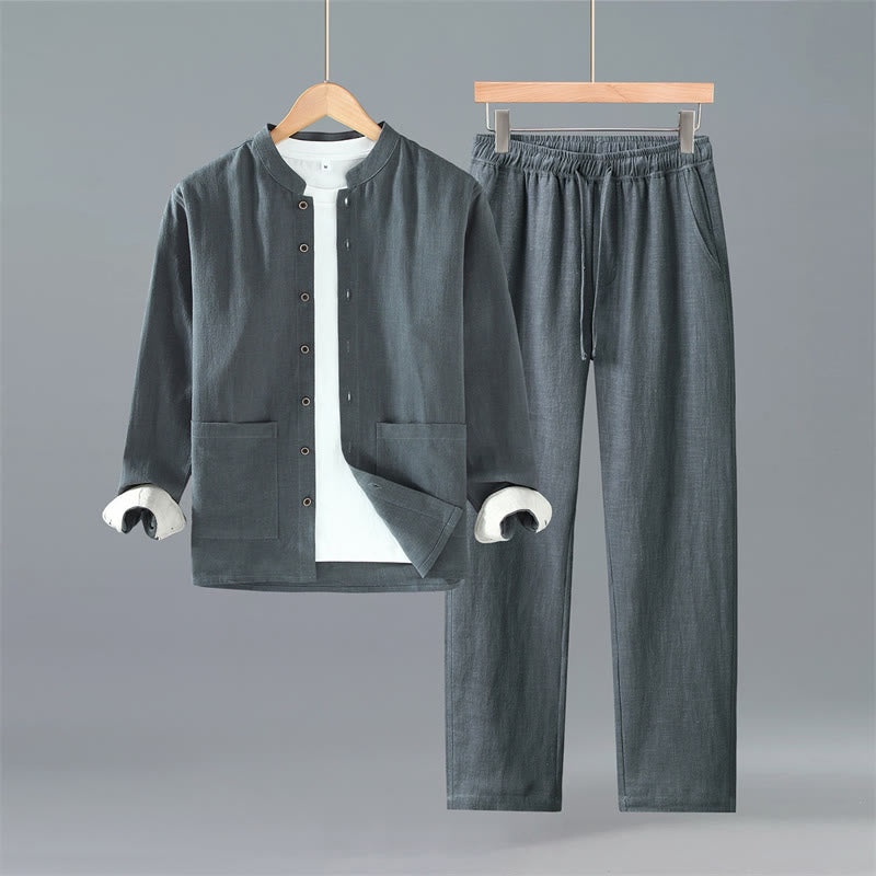 Buddha Stones Camisa de manga larga de ramio liso con botones, estilo Tang, para primavera y otoño, minimalista, con bolsillos. - Camisa y pantalón gris oscuro - US/UK/AU42, EU52 (3XL) - image 12