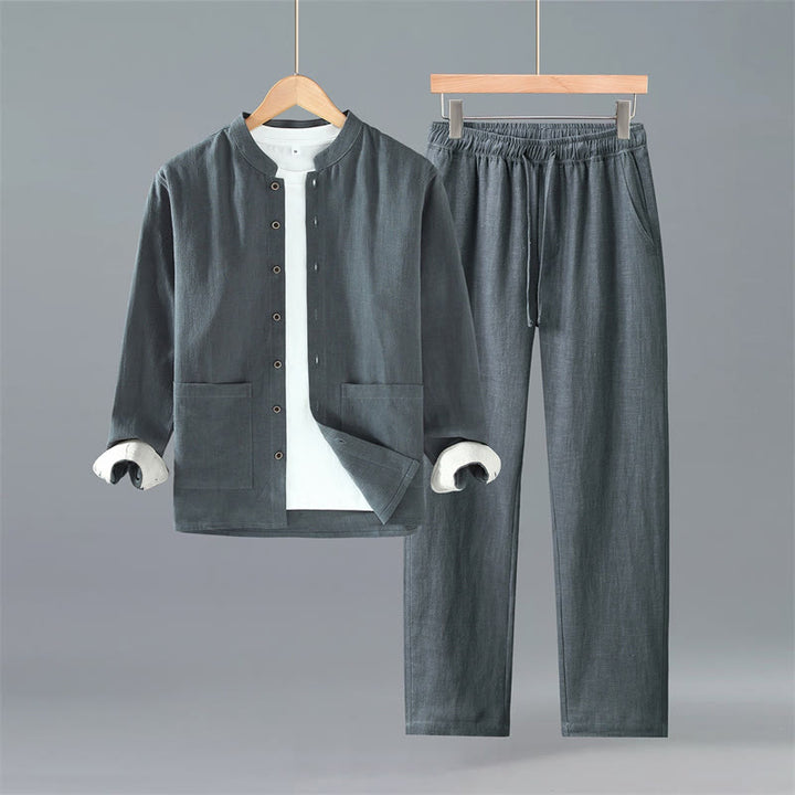 Buddha Stones Camisa de manga larga de ramio liso con botones, estilo Tang, para primavera y otoño, minimalista, con bolsillos. - Camisa y pantalón gris oscuro - US/UK/AU42, EU52 (3XL) - image 12