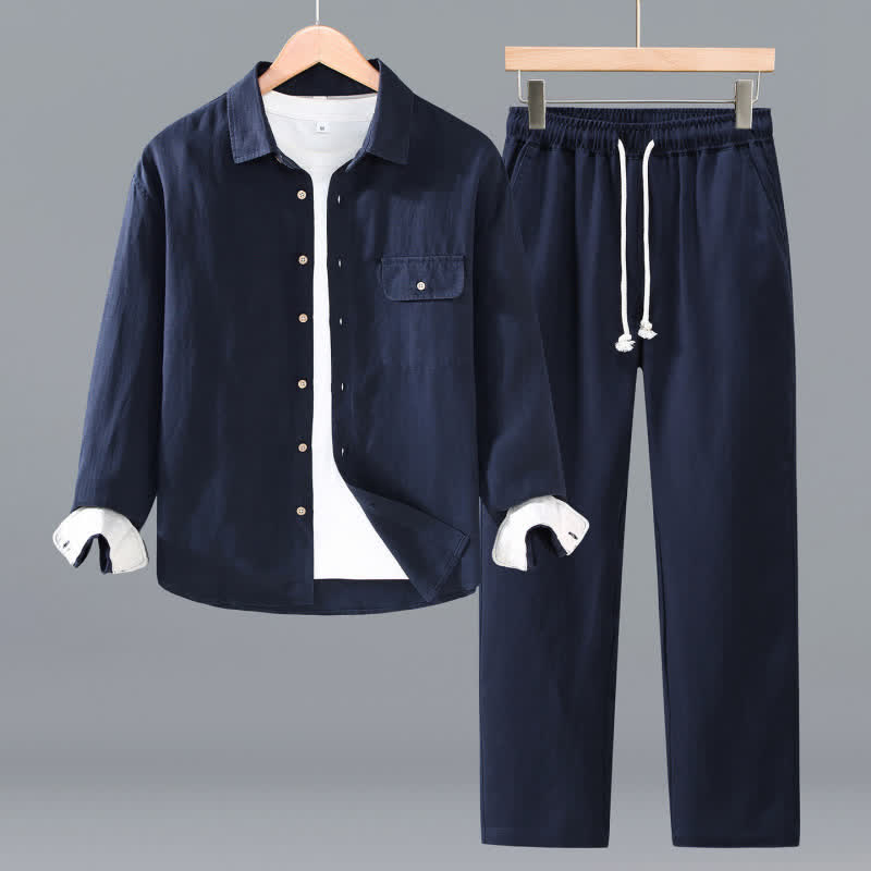 Buddha Stones Camisa de manga larga abotonada minimalista informal de primavera y otoño, pantalones con cordón, tela de meditación lisa para hombre con bolsillo - Marina de guerra - US/UK/AU42, EU52 (3XL) - image 0