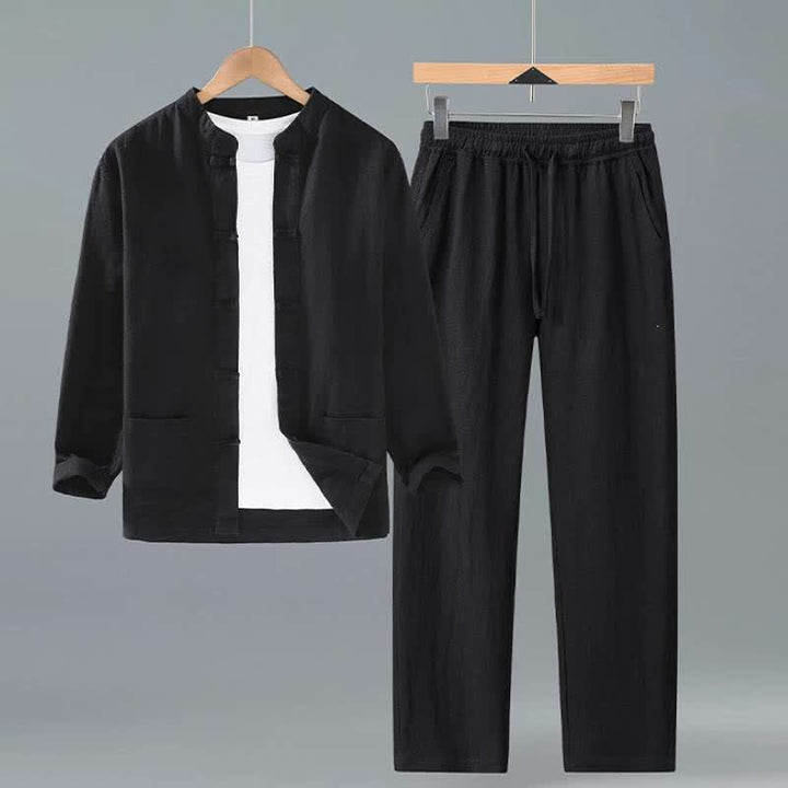 Buddha Stones Camisa y pantalón de ramio liso con cuello mandarín estilo Tang para hombre, ideal para primavera y otoño. - Negro - US/UK/AU42, EU52 (3XL) - image 9