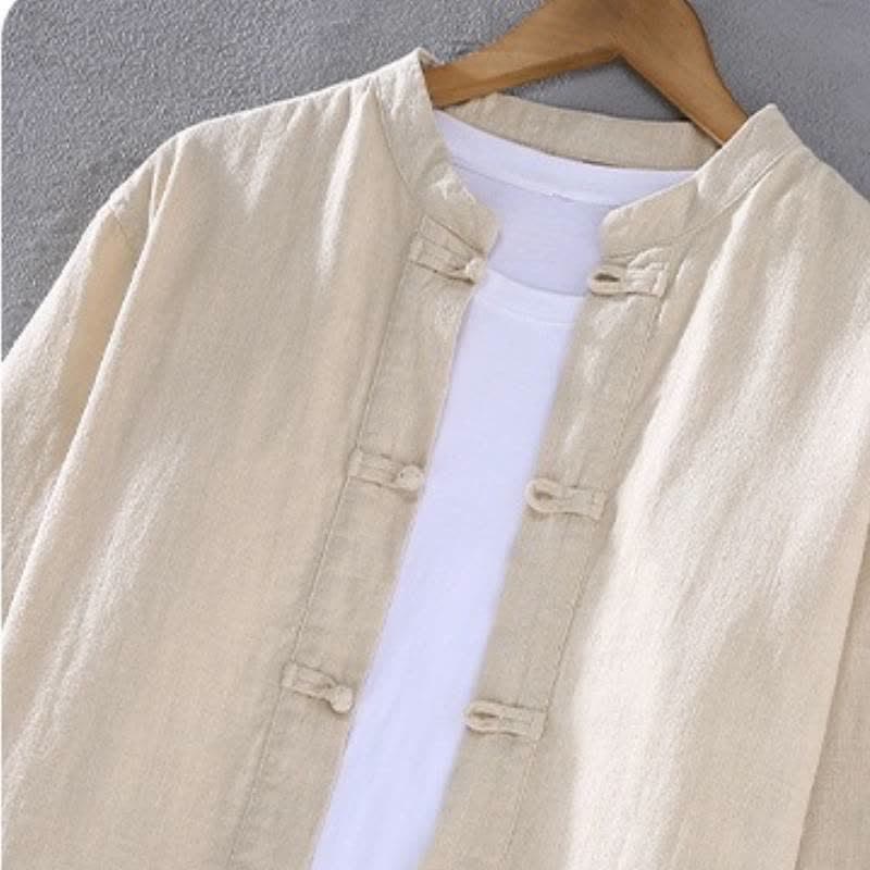 Buddha Stones Camisa y pantalón de ramio liso con cuello mandarín estilo Tang para hombre, ideal para primavera y otoño. - image 1