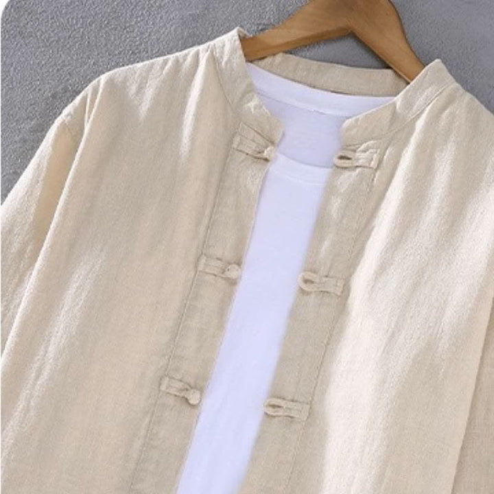 Buddha Stones Camisa y pantalón de ramio liso con cuello mandarín estilo Tang para hombre, ideal para primavera y otoño. - image 1
