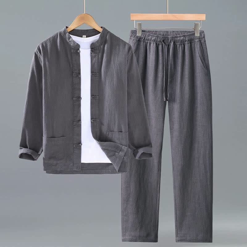 Buddha Stones Camisa y pantalón de ramio liso con cuello mandarín estilo Tang para hombre, ideal para primavera y otoño. - Gris oscuro - US/UK/AU42, EU52 (3XL) - image 10