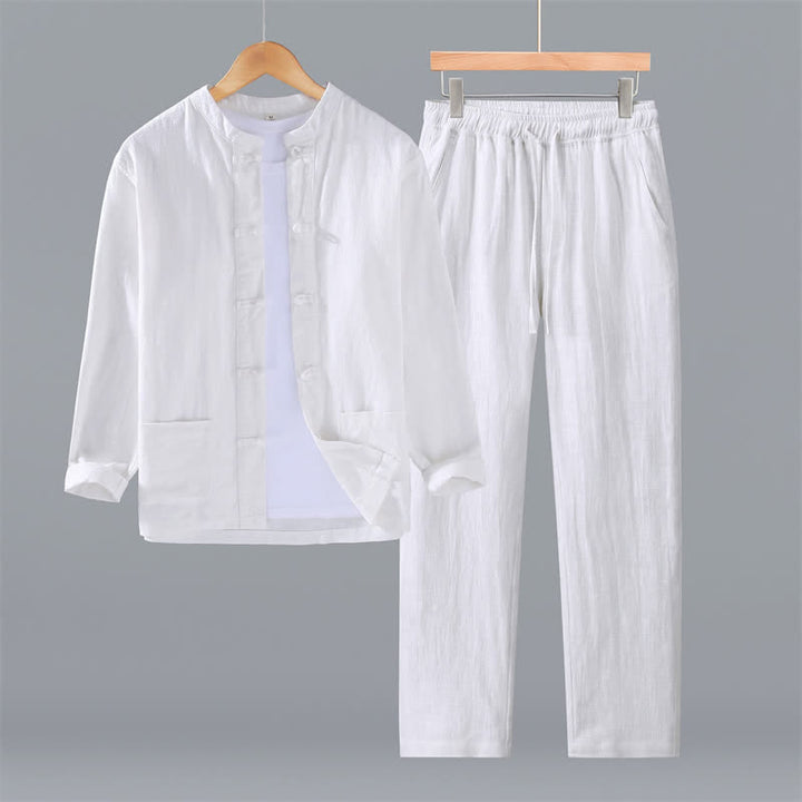 Buddha Stones Camisa y pantalón de ramio liso con cuello mandarín estilo Tang para hombre, ideal para primavera y otoño. - Blanco - US/UK/AU42, EU52 (3XL) - image 13