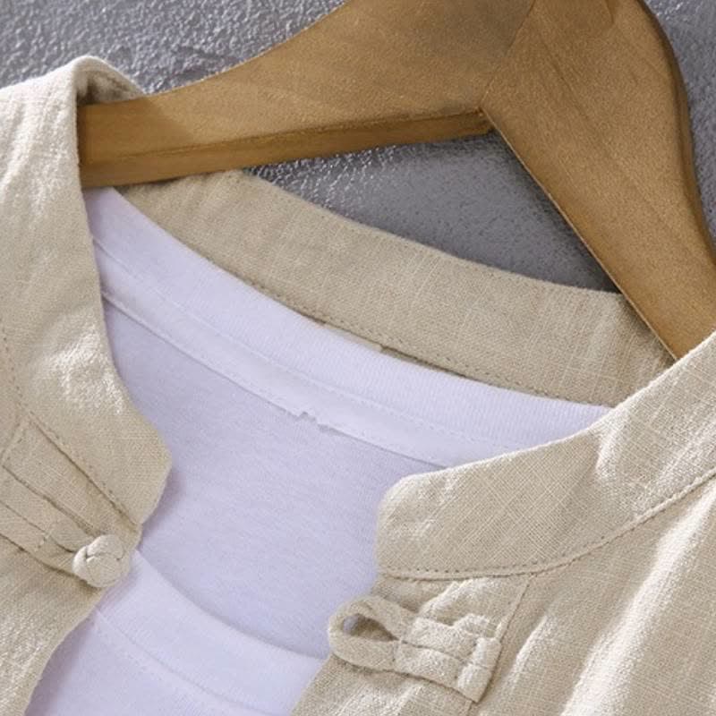 Buddha Stones Camisa y pantalón de ramio liso con cuello mandarín estilo Tang para hombre, ideal para primavera y otoño. - image 2