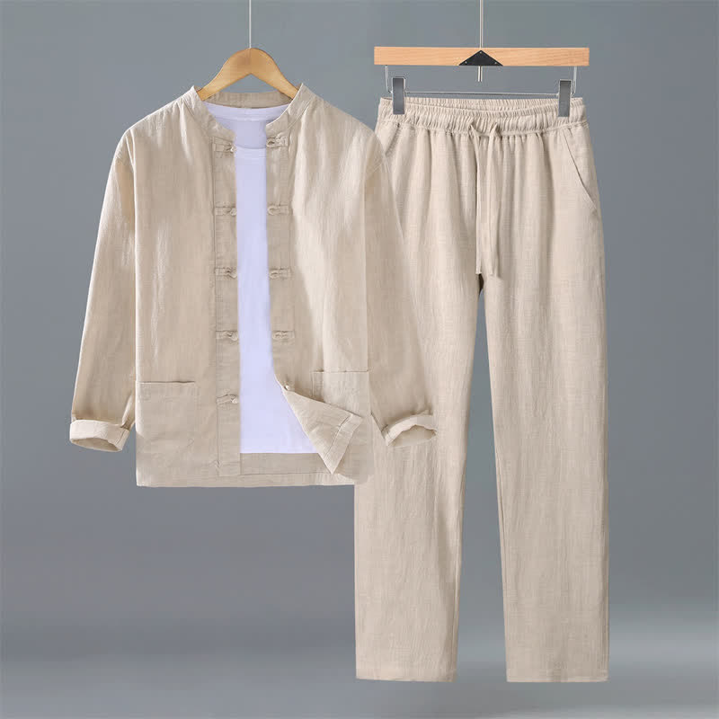 Buddha Stones Camisa y pantalón de ramio liso con cuello mandarín estilo Tang para hombre, ideal para primavera y otoño. - Beige - US/UK/AU42, EU52 (3XL) - image 0