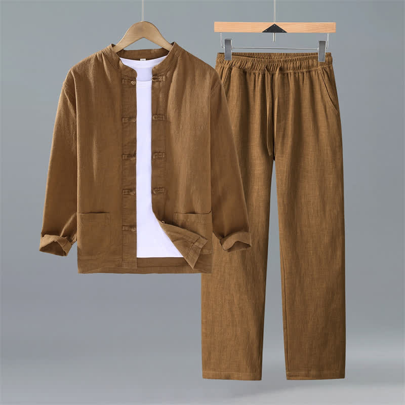 Buddha Stones Camisa y pantalón de ramio liso con cuello mandarín estilo Tang para hombre, ideal para primavera y otoño. - Perú - US/UK/AU42, EU52 (3XL) - image 12