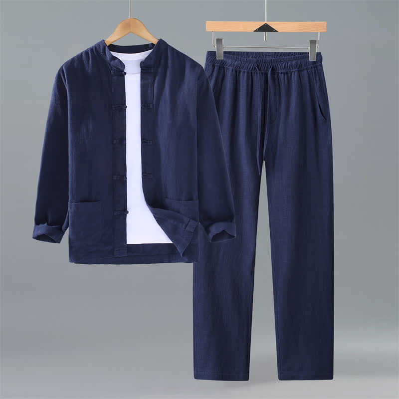 Buddha Stones Camisa y pantalón de ramio liso con cuello mandarín estilo Tang para hombre, ideal para primavera y otoño. - Marina de guerra - US/UK/AU42, EU52 (3XL) - image 11