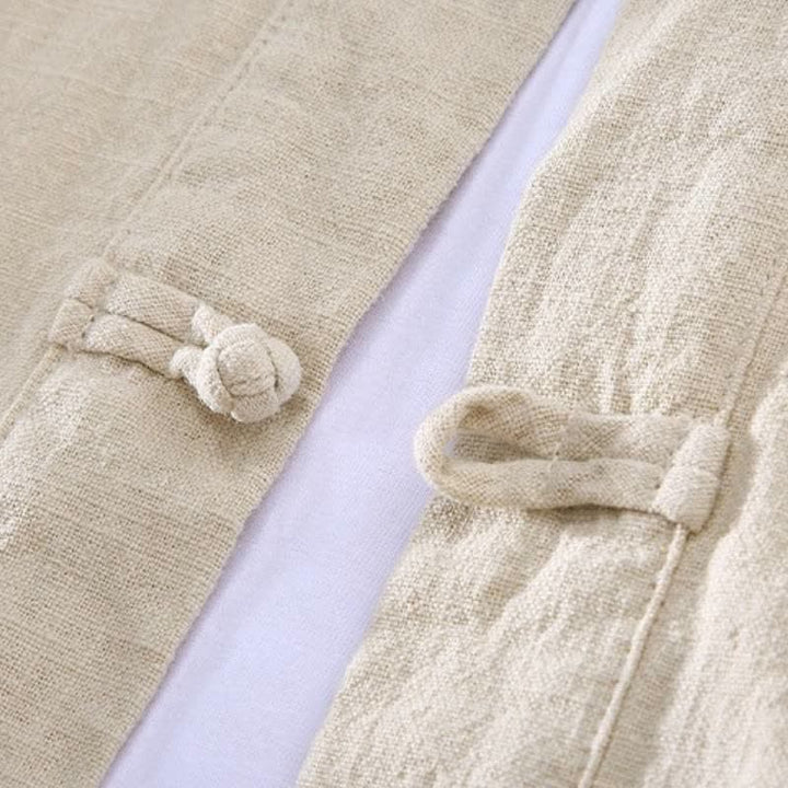 Buddha Stones Camisa y pantalón de ramio liso con cuello mandarín estilo Tang para hombre, ideal para primavera y otoño. - image 4