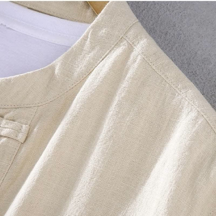 Buddha Stones Camisa y pantalón de ramio liso con cuello mandarín estilo Tang para hombre, ideal para primavera y otoño. - image 3