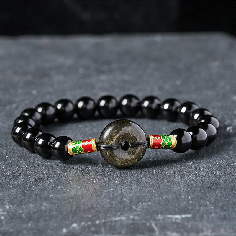 Buddha Stones Hebilla de la paz de obsidiana dorada brillante, pulsera de cuentas redondas de obsidiana negra con forma de pez koi para protección - Obsidiana negra y obsidiana con brillo dorado (circunferencia de la muñeca: 15-16 cm) - image 0