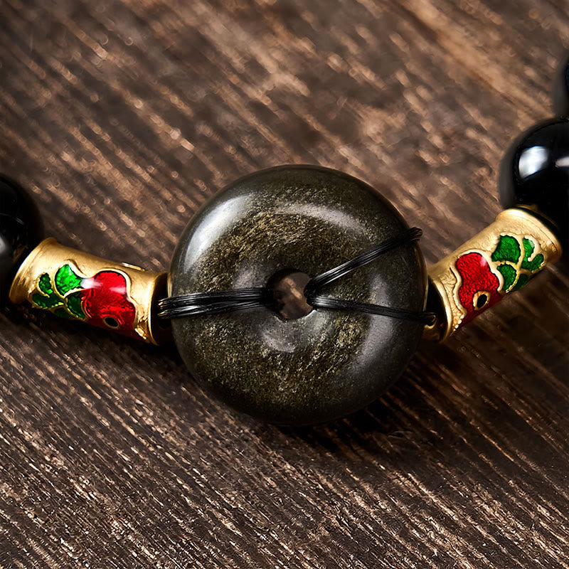 Buddha Stones Hebilla de la paz de obsidiana dorada brillante, pulsera de cuentas redondas de obsidiana negra con forma de pez koi para protección - image 3