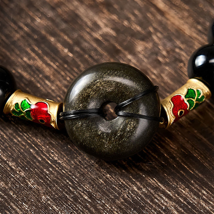 Buddha Stones Hebilla de la paz de obsidiana dorada brillante, pulsera de cuentas redondas de obsidiana negra con forma de pez koi para protección - image 3