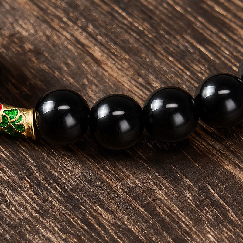 Buddha Stones Hebilla de la paz de obsidiana dorada brillante, pulsera de cuentas redondas de obsidiana negra con forma de pez koi para protección - image 4