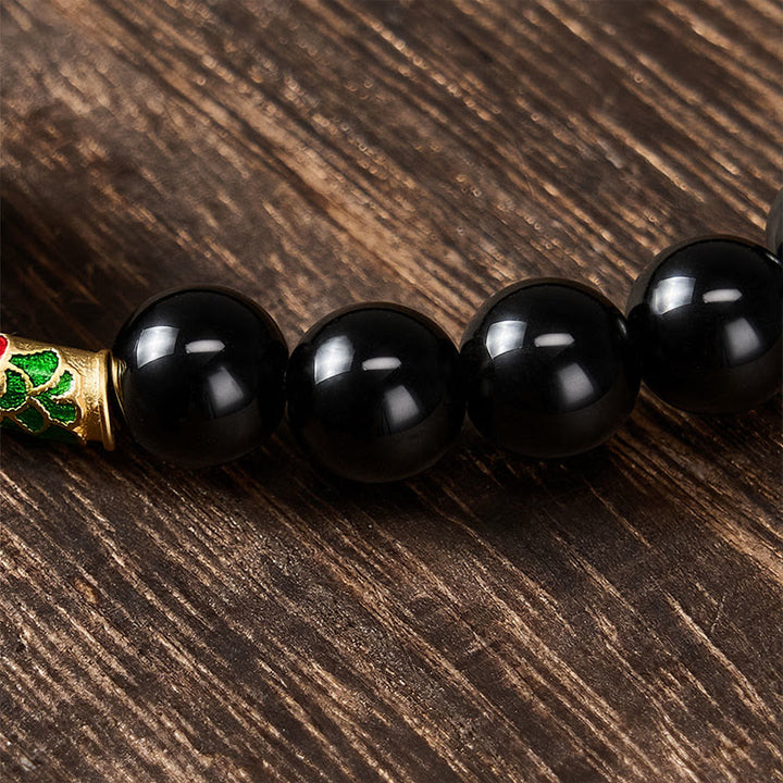 Buddha Stones Hebilla de la paz de obsidiana dorada brillante, pulsera de cuentas redondas de obsidiana negra con forma de pez koi para protección - image 4