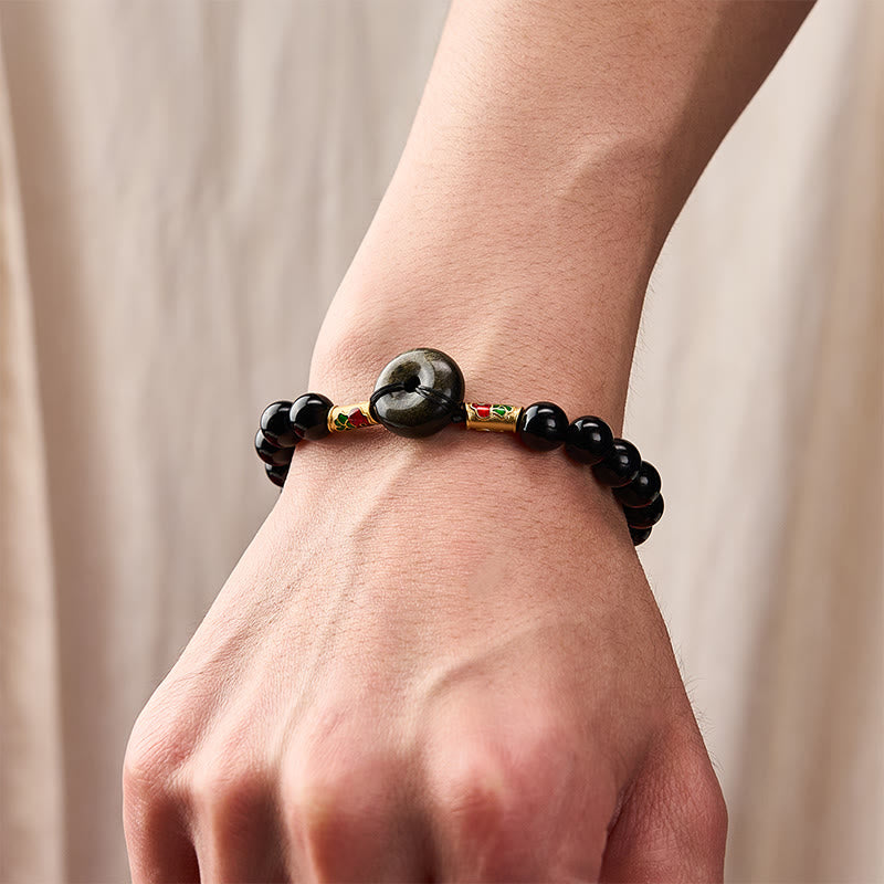 Buddha Stones Hebilla de la paz de obsidiana dorada brillante, pulsera de cuentas redondas de obsidiana negra con forma de pez koi para protección - image 5