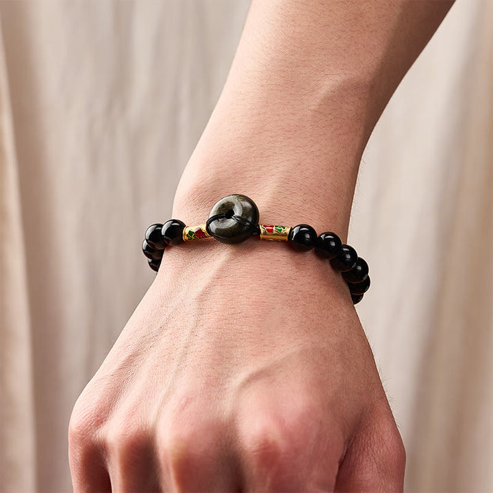 Buddha Stones Hebilla de la paz de obsidiana dorada brillante, pulsera de cuentas redondas de obsidiana negra con forma de pez koi para protección - image 5