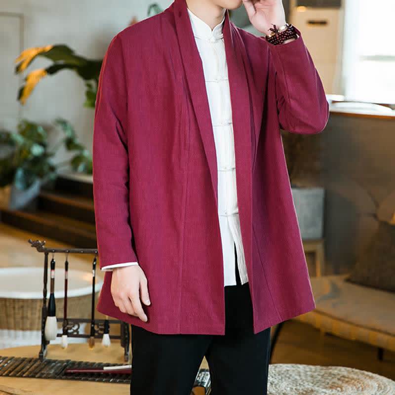 Buddha Stones Kimono de manga larga para hombre, estilo Tang, color algodón liso, para otoño/invierno. - Ladrillo refractario - US/UK/AU46, EU56 (5XL) - image 17