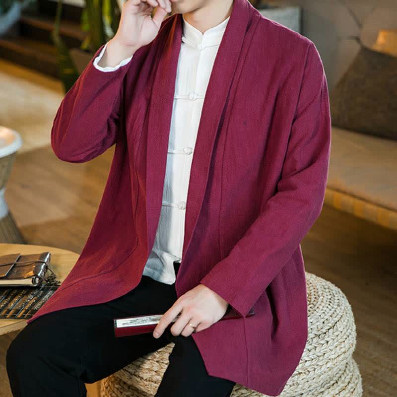 Buddha Stones Kimono de manga larga para hombre, estilo Tang, color algodón liso, para otoño/invierno. - image 20