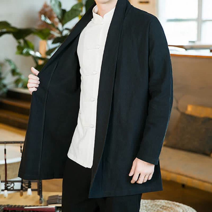 Buddha Stones Kimono de manga larga para hombre, estilo Tang, color algodón liso, para otoño/invierno. - image 11