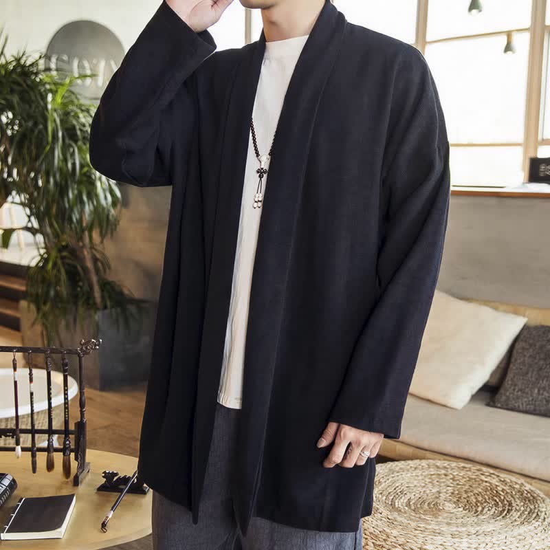 Buddha Stones Kimono de hombre de manga larga, color liso, estilo casual e informal, para otoño/invierno. - Negro - US/UK/AU42, EU52 (3XL) - image 10
