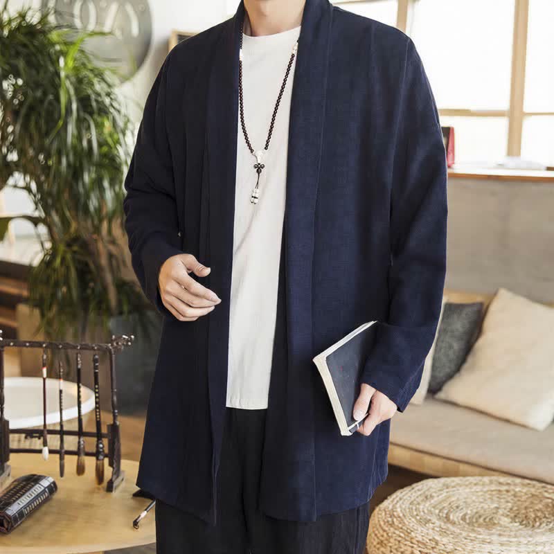 Buddha Stones Kimono de hombre de manga larga, color liso, estilo casual e informal, para otoño/invierno. - Azul medianoche - US/UK/AU42, EU52 (3XL) - image 0