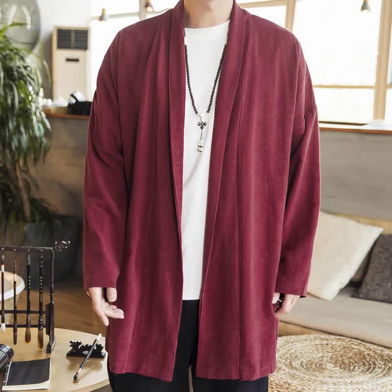 Buddha Stones Kimono de hombre de manga larga, color liso, estilo casual e informal, para otoño/invierno. - Granate - US/UK/AU42, EU52 (3XL) - image 5
