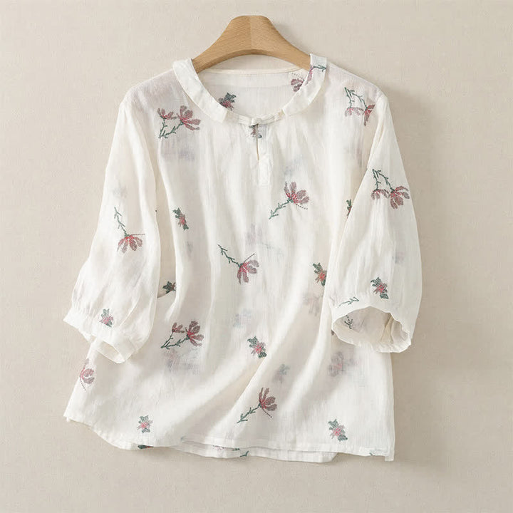 Buddha Stones Camisas de manga corta para mujer con bordado floral, estilo casual de verano. - Blanco - US12, UK/AU16, EU44 (2XL) - image 8