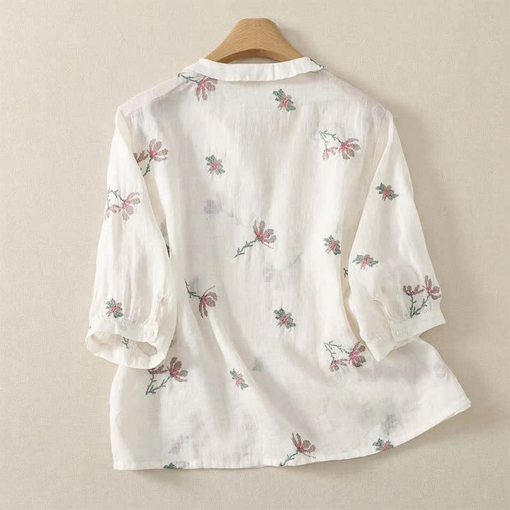 Buddha Stones Camisas de manga corta para mujer con bordado floral, estilo casual de verano. - image 9